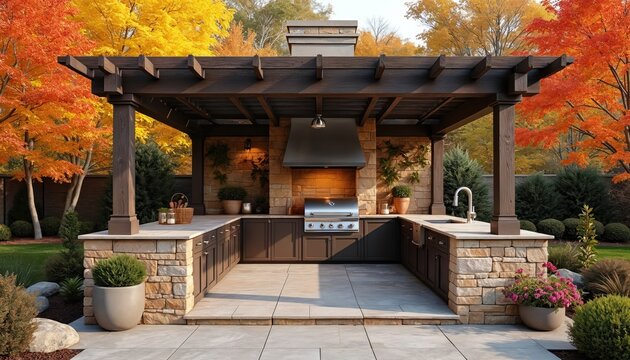 Upscale outdoor kitchen setup under wooden pergola. Stone counters and built in grill feature autumn trees with vibrant orange and yellow foliage. A functional cooking and entertaining space.