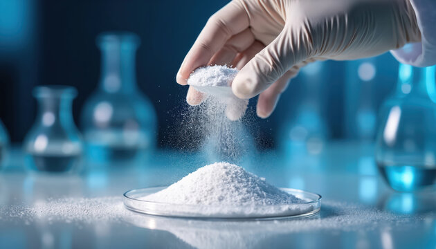 Lab worker pours white powder, likely titanium dioxide, onto petri dish. Chemical research in progress with glass flasks in background. Study of pigment properties for industry.