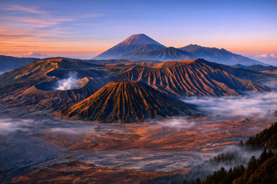 Panoramic view of Mount Bromo and the Tengger caldera at sunrise