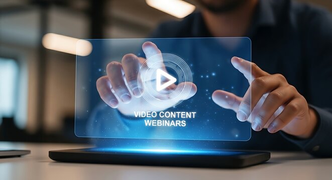 Content marketing and digital media. A content creator's hands interact with a 'play' icon on a hologram, symbolizing video content or webinars.