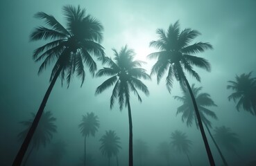 Silhouetted palm trees stand against a hazy, bright sky. Their leaves sway gently in the misty, humid air. The scene suggests a tropical environment during a foggy or stormy day.
