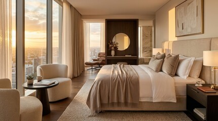Fototapeta premium High rise bedroom with city windows and seating area at sunset