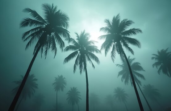 Silhouetted palm trees stand against a hazy, bright sky. Their leaves sway gently in the misty, humid air. The scene suggests a tropical environment during a foggy or stormy day.