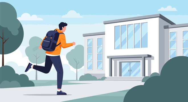 A young student running towards a school building.