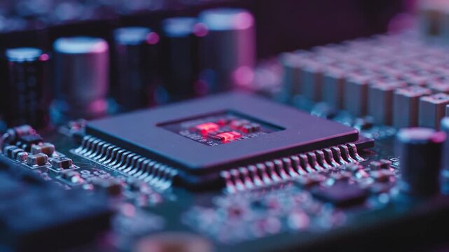 A close-up of a circuit board with various components and colorful lighting