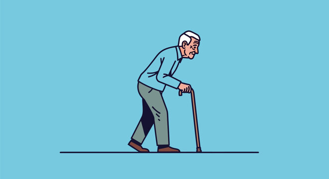 An elderly man walking with a cane illustration.