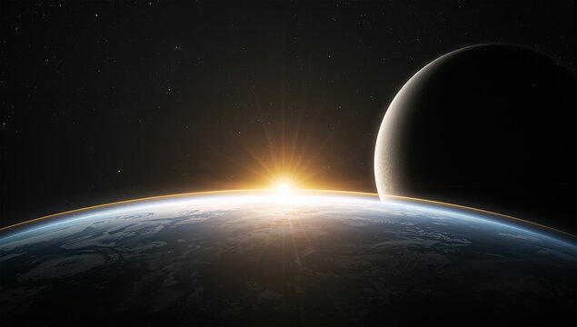 朝焼け色の光を加えた幻想的な宇宙背景グラフィック