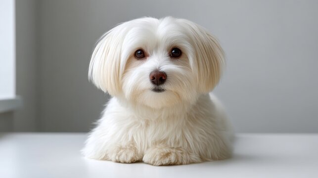 Adorable White Dog Sitting Calmly on a Bright Surface with Soft Natural Lighting in a Minimalist Indoor Environment