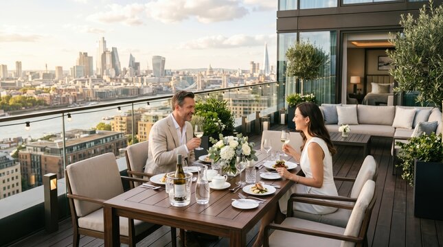 Couple dining on rooftop terrace with city skyline view