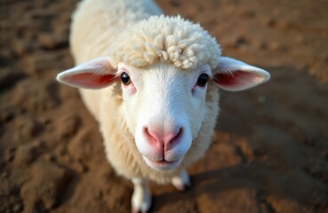 Obraz premium Close-up of white sheep face with pink nose looking at camera. Fluffy wooly texture visible, soft brown earth background. Farm animal portrait showing gentle eyes.