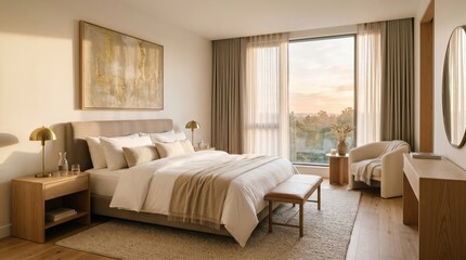 Fototapeta premium Contemporary bedroom with gold lamps window and dresser