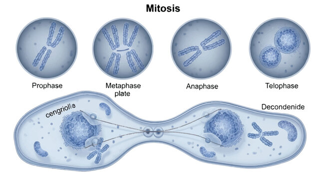 Diagram illustrating the stages of mitosis in cell division with cell cycle spindle fibers cellular process life science biological illustration