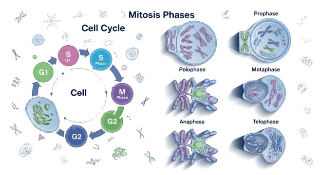 Illustration of the cell cycle with phases and chromosome detail chromosome division illustration prophase metaphase anaphase telophase