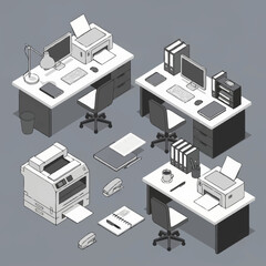 Obraz premium Isometric office workspace with desks and printers.