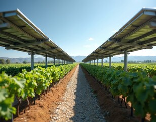 Naklejka premium Rows of grape vines grow under elevated solar panels. Agrivoltaic system provides shade and clean energy. Dual land use improves farm efficiency.