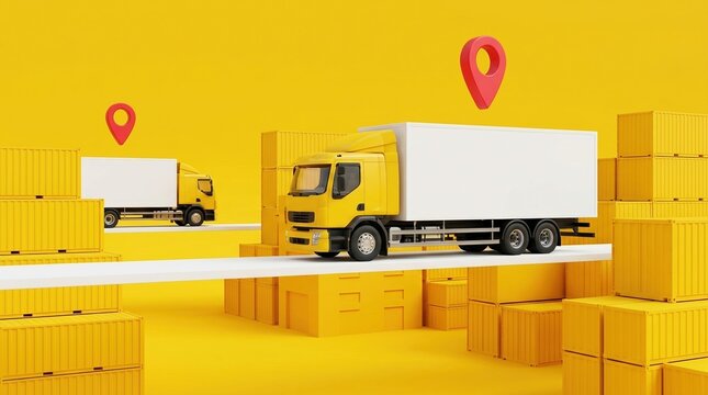 logistics delivery shipping transport truck cargo tracking 3d render illustration of yellow commercial vehicles and containers for global supply chain and distribution services