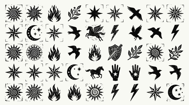 Collection of hand drawn mystical and celestial icons in linocut style.