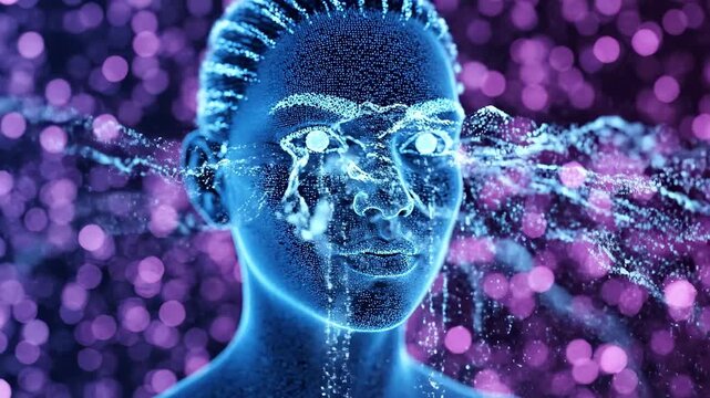 A futuristic digital illustration of a person's head with a robotic face