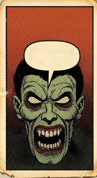 Cartoon vampire creature with speech bubble. Horror comic book style monster for Halloween decoration. Funny scary design for party poster.