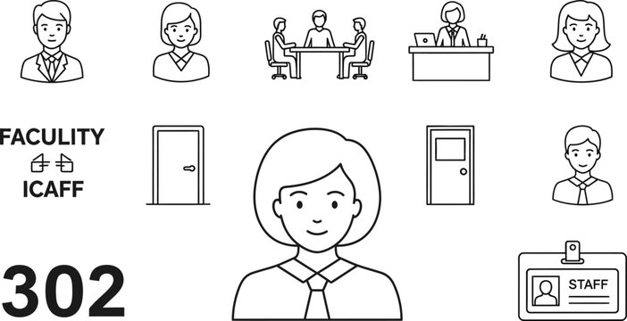 Collection of hand drawn school faculty and office staff line art icons.