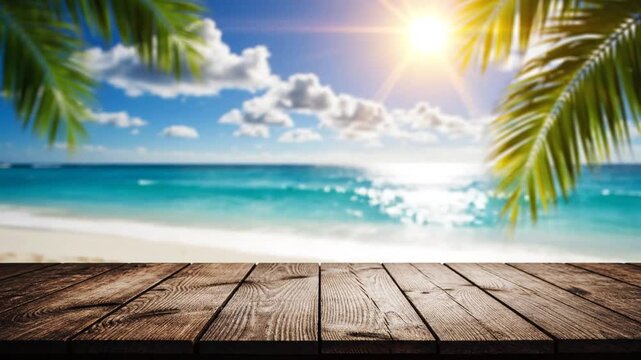 Exotic tropical fine sandy beach shore with blurred turquoise ocean sea sun sky clouds background featuring empty rustic wooden table top for product advertisement montage of summer relaxation.
