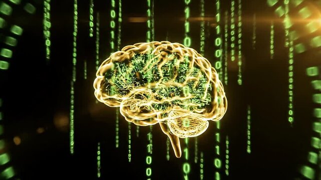 A glowing yellow brain outline at the center of a black background surrounded by concentric circles of green dots