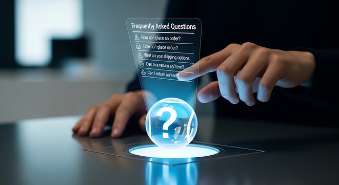 Knowledge base and FAQ. A customer's hands touch a 'question mark' icon that opens a holographic list of 'Frequently Asked Questions' (FAQ).
