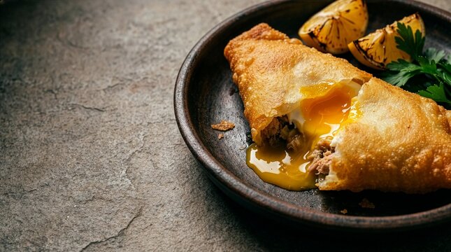 Traditional Tunisian brik pastry with runny egg yolk on dark plate