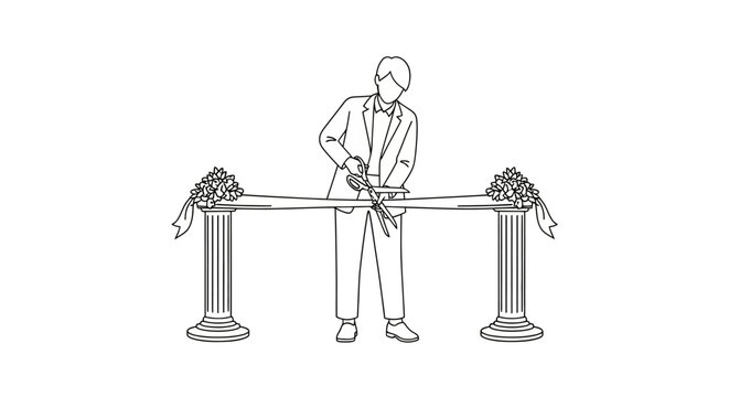Man in Suit Cutting Ribbon at Grand Opening Ceremony.