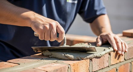 Obraz premium Man bricklayer holding metal trowel, skillfully applying mortar onto new brick wall. Professional man bricklayer ensures precision, creating strong, durable construction.