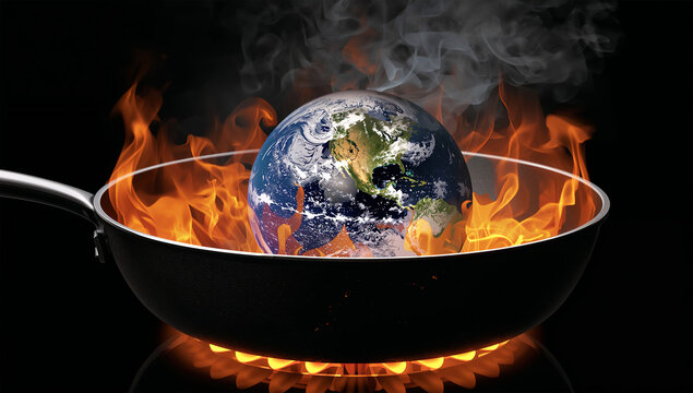 フライパンで焼かれる地球が気候変動を強く訴えるコンセプト画像