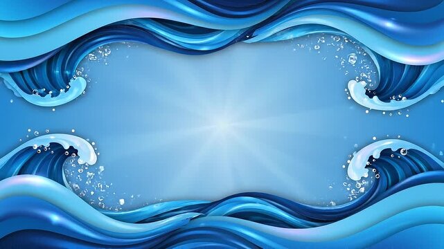 Abstract blue water waves frame background with bubbles