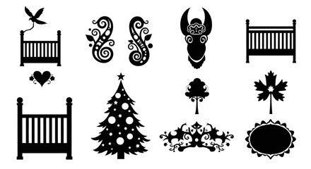 Fototapeta premium Black Silhouette Icons: Crib, Christmas Tree, Zodiac, Heart, Bird, Tree, Maple Leaf