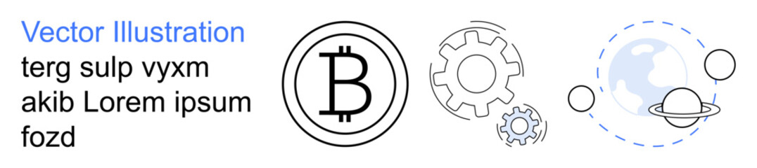 Cryptocurrency, blockchain, technology, global network, planetary systems, innovation. Circular Bitcoin symbol, interconnected gears and planetary orbits. Cryptocurrency and blockchain concept © robu_s
