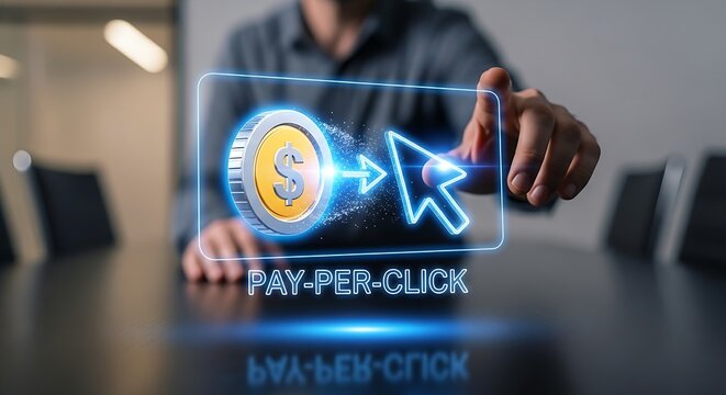 Pay-per-click (PPC) advertising. An advertiser's hand touches a hologram showing a 'coin' icon transforming into a 'click' (cursor icon), representing PPC.
