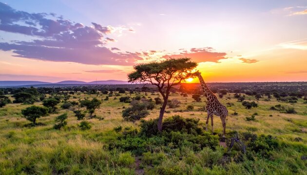Serene African Savannah Sunset with Giraffe Silhouette.