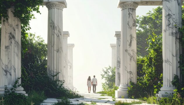 Couple walking through ancient ruins with overgrown vegetation.