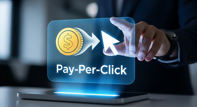 Pay-per-click (PPC) advertising. An advertiser's hand touches a hologram showing a 'coin' icon transforming into a 'click' (cursor icon), representing PPC.