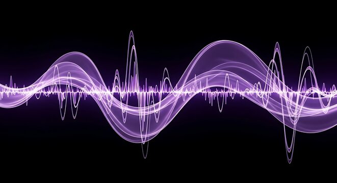 Abstract purple sound wave visualization on a black background representing audio technology and digital signal processing