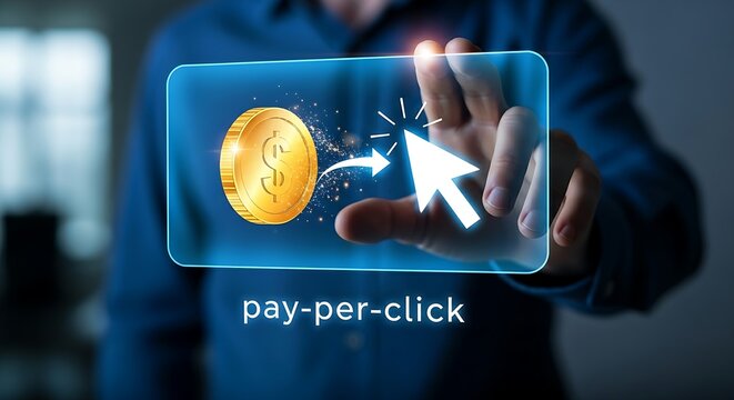Pay-per-click (PPC) advertising. An advertiser's hand touches a hologram showing a 'coin' icon transforming into a 'click' (cursor icon), representing PPC.