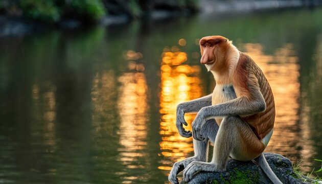 Proboscis Monkey Sitting by Water at Sunset.