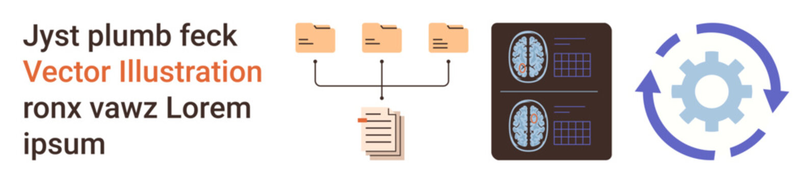 Data organization, automation, workflow management, digital storage, technology, information systems. File folders linked to documents, servers and automation gear icon. Data organization
