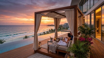 Fototapeta premium Oceanfront resort terrace with cabana infinity pool couple and sunset view