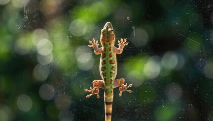 Obraz premium Close-up of a Geckos Underside on a Glass Surface with Blurred Green Foliage Background.