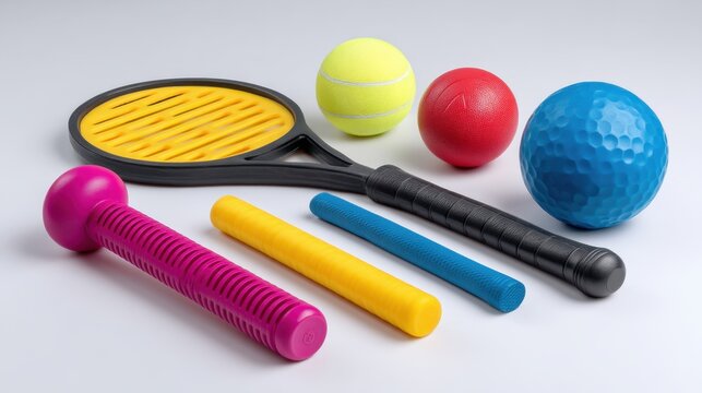 Colorful assortment of sports equipment, including rackets, balls, and toys, arranged on a clean surface, ideal for playful and athletic compositions