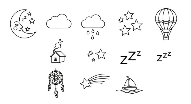 Dreamy Night Icons: Moon, Stars, Clouds, Hot Air Balloon, Dreamcatcher, House
