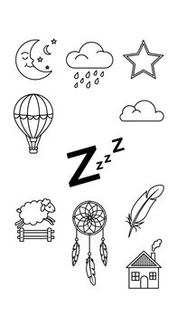 Dreamy Night Sky Elements: Moon, Stars, Clouds, Hot Air Balloon, Sheep, Dreamcatcher, Feather