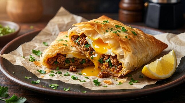 Traditional Tunisian brik pastry with savory meat filling and melted cheese on rustic plate