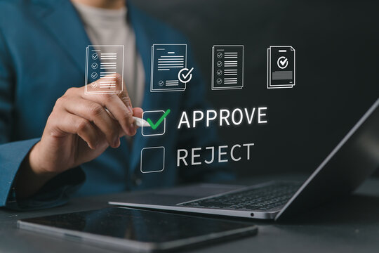 Digital document approval process with person confirming files on laptop, representing e-approval, online verification, workflow efficiency, and paperless office solutions.