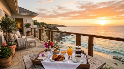 Fototapeta premium Breakfast tray on oceanfront terrace at sunset